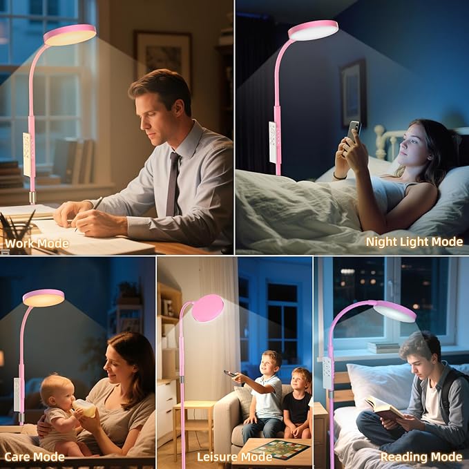 PACOVY Floor Lamp, Adjustable Height Floor Lamps for Living Room Bedroom, 120 LED Super Bright Standing Lamp Remote Control Dimmable Gooseneck Tall Stand Reading Lamp for Office Craft, Pink