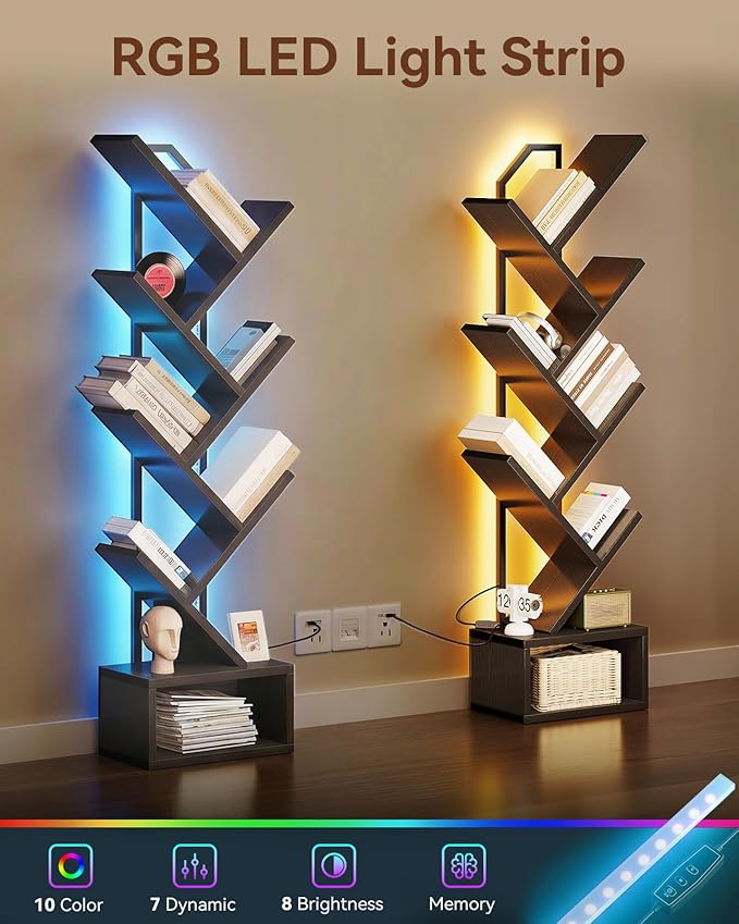 Casaottima Tree Bookshelf with LED Lights, 6-Tier Small Bookshelf, Black | Narrow Bookcase for Small Spaces, Steel & Wood Storage Shelf with Cabinet, Home Organizer for Living Room, Bedroom, Office