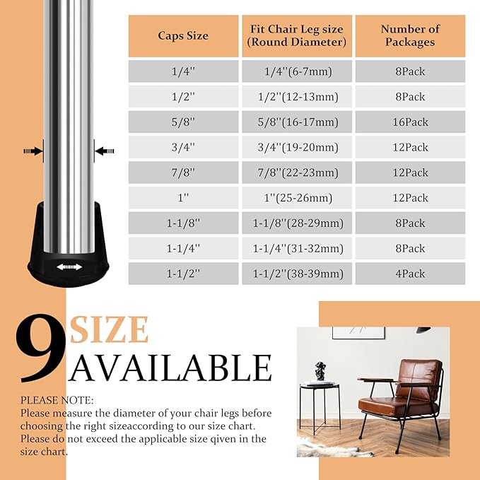 VOCOMO 1" Round Rubber Chair Leg Tips Caps, Chair Leg Floor Protectors Furniture Legs Caps Non Slip Reduce Noise for Hardwood Floors (Black, 24 Pack)