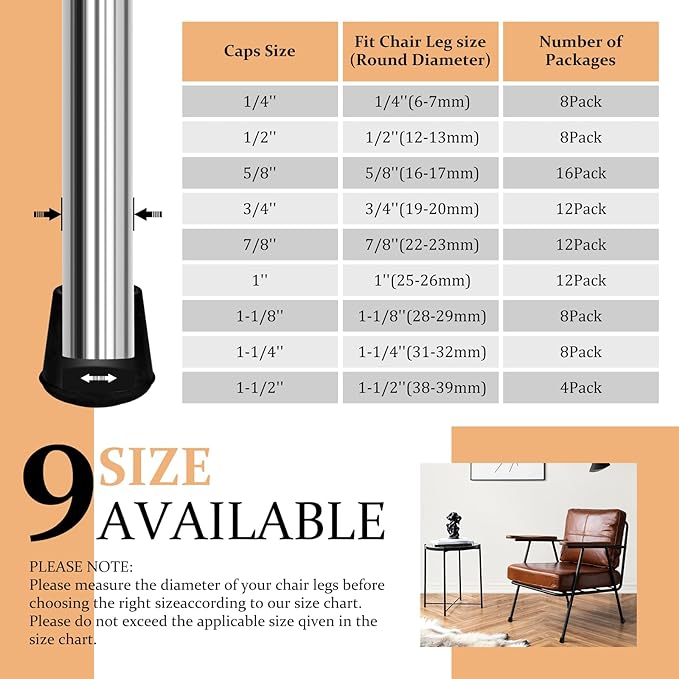 VOCOMO 1-1/4” Round Rubber Chair Leg Tips Caps, Chair Leg Floor Protectors Furniture Legs Caps Non Slip Reduce Noise for Hardwood Floors (Black, 8 Pack)