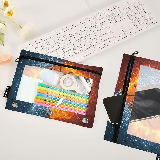 Custom Basketball Ball Pencil Pouch for 3 Ring Binder, 2 Pack Personalized Name Waterproof Pencil Bags Clear Window Pencil Case School Office Supplies
