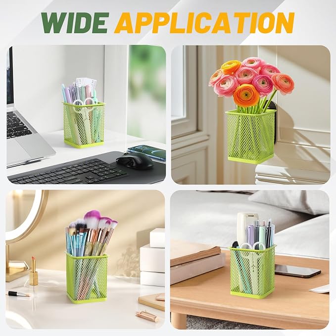 Segarty Pen Cup Holder, 3 Pack Square Light Green Pen Holder for Desk, Cute Mesh Pencil Cups Container Set Desktop Organizer for Office Supplies, School Classroom, Home Storgae and Organization