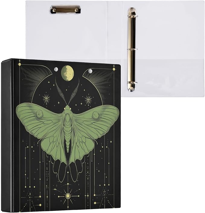 Gothic Luna Moth 1.5 Inch Binders 3 Ring with Clipboard&2 Pockets Large Heavy Duty Binders Decorative D-Ring Binder Flexible Green and Black Goth Hardcover Binders, Holds 200 Sheets-2 Pack