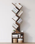 SUNMORY 6 Tier Tree Bookshelf, Tall Small Bookcase with Storage Cabinet | Modern Narrow Bookshelves Organizer, Floor Standing Book Case Shelf for Bedroom Living Room Home Office Corner, Rustic Brown