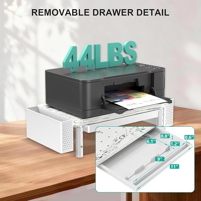 WALI Computer Monitor Stand with Storage, Desk Organizer with Drawer and Pen Holder, Desk Monitor Riser 3 Height Adjustable, Laptop Riser for Computer, Laptop, Printer(PTT003-M), 1 Pack, Marble