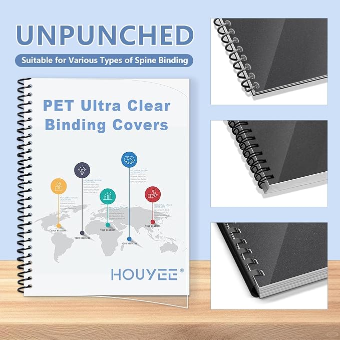 HOUYEE 100 Pack 8 Mil Ultra Clear Binding Presentation Covers,8.5" x 11" | Clear Covers for Binding, Transparent Plastic Binding Covers, Letter Size, PET, Un-Punched, for Office School