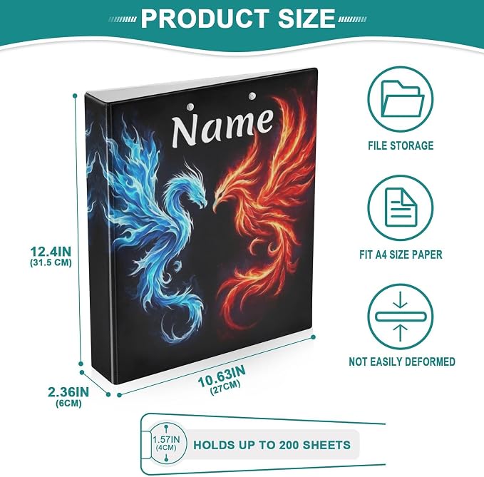 Custom 3 Ring Binder Dragon Phoenix 1.5" Round Ring Binders Personalized Name View Binder with 200 Sheet for Kids School Supplies Women Men Office, 1 Pack