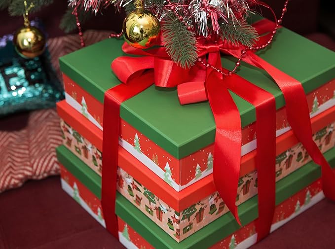 Soul & Lane Christmas Decorative Cardboard Storage Boxes, Set of 3 Nesting Festive Paperboard Gift Boxes with Lids for Presents, Seasonal Storage, Holiday Decor (Red and Green)