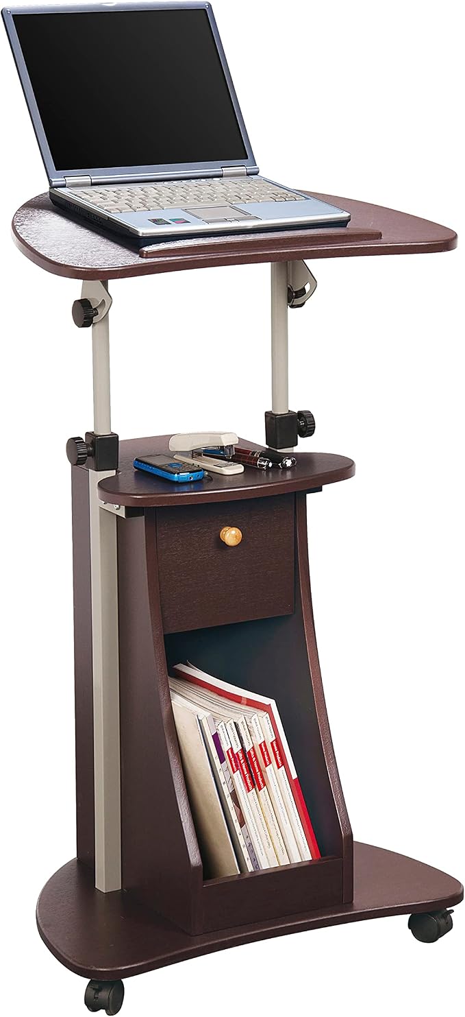 Techni Mobili Sit-to-Stand Rolling Adjustable Storage Medical Laptop Computer Cart, Chocolate, B005 | Adjustable Height Rolling Laptop Cart w/Tilting Top, Storage Shelf, Locking Wheels, Sit to Stand Desk,Mobile Podium,Chocolate