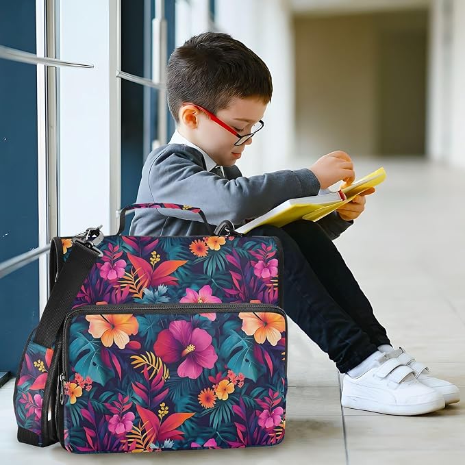 Orange Red Hibiscus Flower Zipper Binder 3 Ring with Handle and Shoulder Strap, 500 Sheet Binder Organizer Capacity & Multi-Pockets for School Office