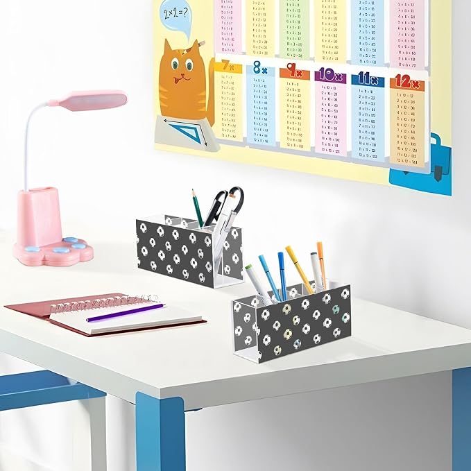 Football Print Black White 4 Compartment Acrylic Pencil Holder, Printed Pencil Holder Makeup Brush Holder Acrylic Desktop Accessories for Pencil Cutlery Toiletries Storage