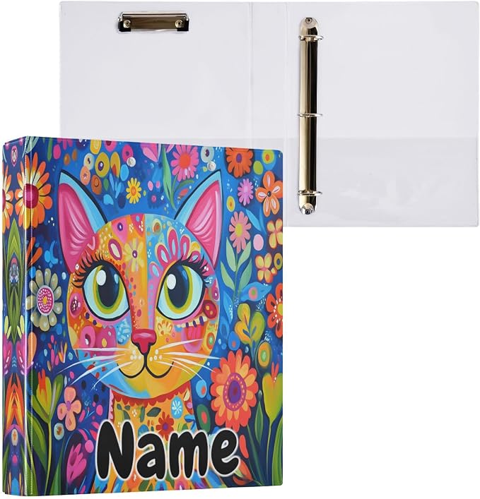 Custom 3 Ring Binder Colorful Cat Whimsical Style 1.5" Round Ring Binders Personalized Name View Binder with 200 Sheet for Kids School Supplies Women Men Office, 1 Pack