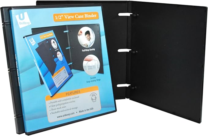 UniKeep 3 Ring View Binder - Binder Case is Fully Enclosed - Available in White, Clear, or Black and in Different Spine Sizes (Pack of 3, Black, 0.5 Inch)