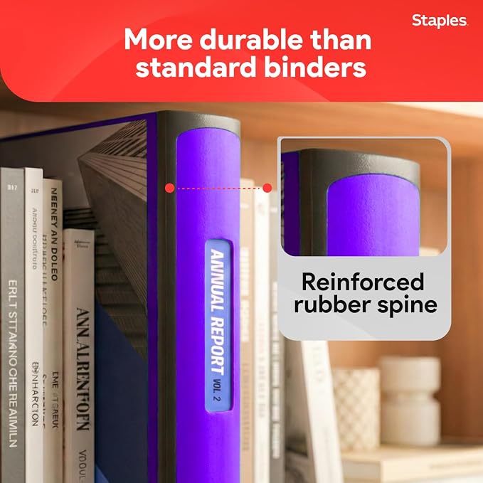 Staples Better 3-Inch D-Ring Binder, Purple, Heavy-Duty | Large-capacity 3-ring binder for school and office document storage.