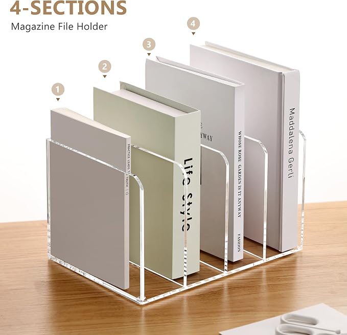 SANRUI Acrylic Desk Magazine File Holder, Clear,4 Vertical Compartments | Workspace Document Organizer Sorter for Documents, Tablet, Magazines, Books & Accessories