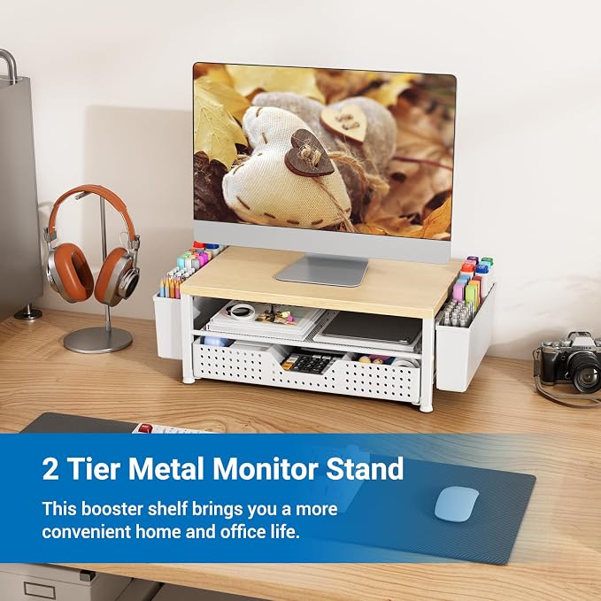 Wood Metal Monitor Stand Riser, Laptop Stand for Desk, Office Desk Organizer and Accessories, Computer Desktop Shelf with Drawer and Pen Holder, Printer Stand for Home, Office, Dorm (Natural Wood)