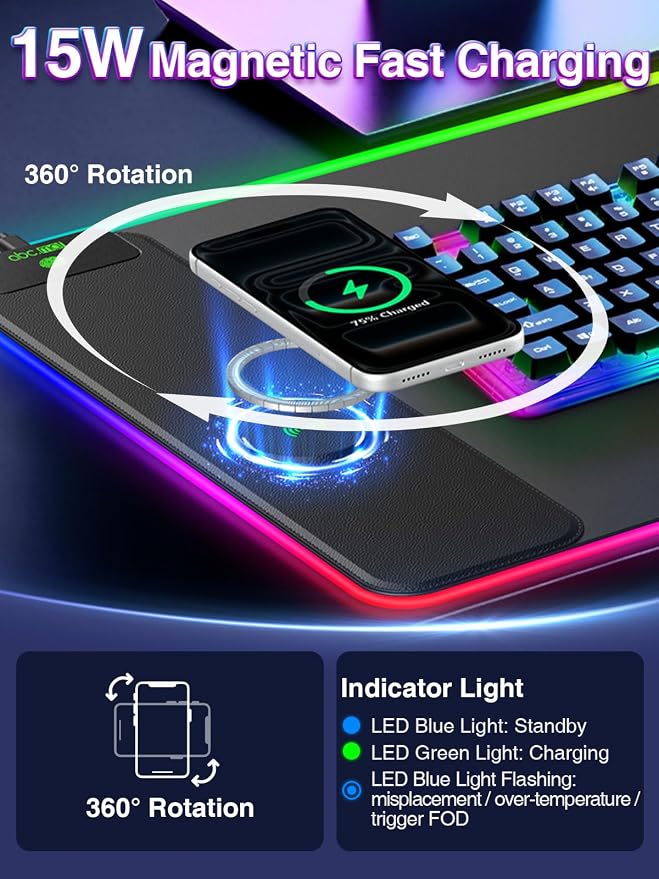 RGB Gaming Mouse Pad with 15W Magnetic Wireless Charging, 31.5'' x 15.8'' | 24 Lighting Effects Desk Mat LED Mousepad with Non-Slip Rubber Base, Light up Your Desk, Waterproof Ultra-Smooth Surface