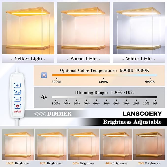 LANSCOERY LED Lighted Acrylic Display Case, 3 Tier Display Box for Collectibles and Action Figures, Clear Dustproof Organizer with Wooden Base – 15.2x6.5x7.5inch