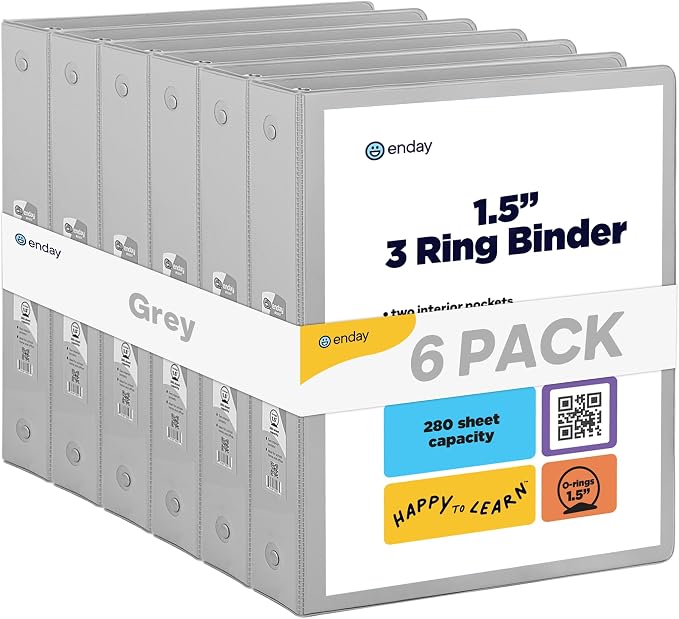 Enday 1.5 Inch Binder (6 Pack - Grey) 3 Ring Binder 1.5 inch with Clear View Cover and 2 Inside Pocket - for Letter Size 8.5 x 11'' Paper, Ideal for School Supplies, Office, and Home