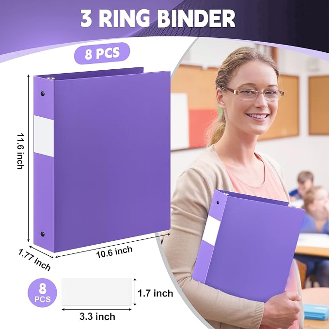 Henoyso 8 Pcs 1.5 Inch 3 Ring Binders, Letter Size,Purple | Binders Bulk, Holds 350 Sheets, Round Rings, Durable Flexible PP Plastic Covers, Pockets Labels, School Office Supplies