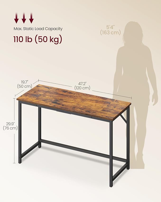 VASAGLE Computer Desk, Office Work Desk, 47.2 x 19.7 x 29.9 Inches | For Study, Bedroom, Home Office, Living Room, Rustic Brown and Black ULWD212K101