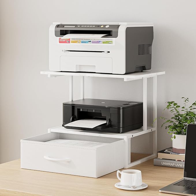 Masupu Printer Stand for Desk, Printer Table with Fabric Storage Drawer, 2 Tier Desktop Shelf, Multi-Purpose Desk Organizer for Home Office, 3D Printer, Fax Machine, Scanner, Marble White