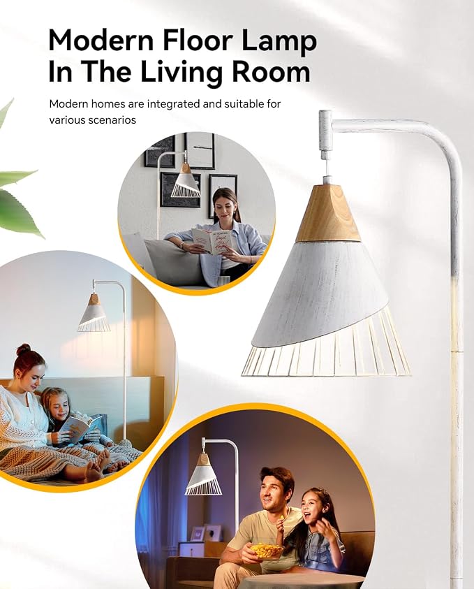 67" Industrial Floor Lamp with Wood & Black Metal Shade, Modern Standing Lamp, Rustic Farmhouse Tall Lamp for Living Room Bedroom Office, 2700K Bulb & Foot Switch Included (Gold+ White)