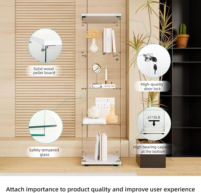 FLYMUHJIA Curio Cabinet Glass Display Case for Collectibles with 4-Shelf Display Shelves, 64.2'Hx16.9''Lx14.6''W White
