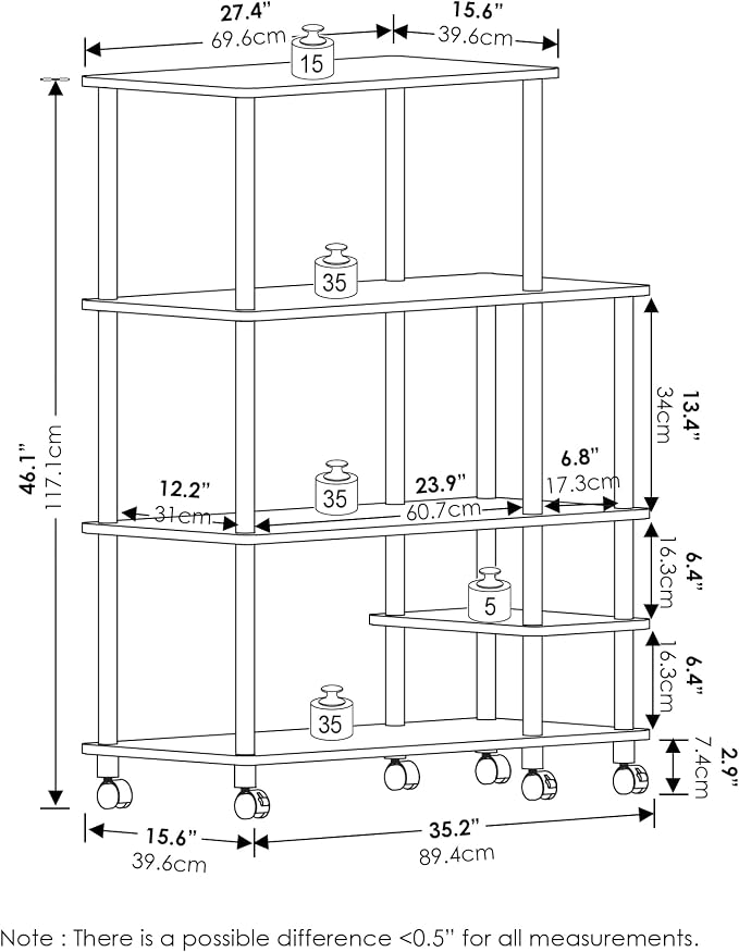 Furinno Turn-N-Tube 4-Tier Wide Toolless Multipurpose Printer Stand Display Storage Shelf with Wheels, French Oak Grey/Black