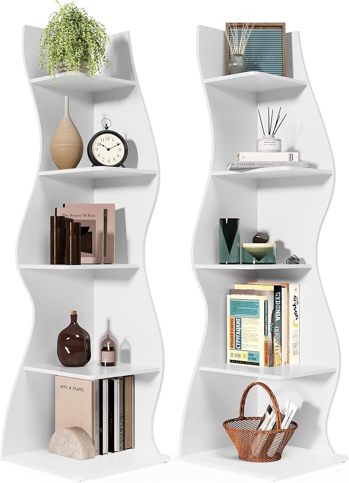 LITTLE TREE Small Corner Shelf, Modern 5-Tier Wall Corner Bookshelf, Stylish Bookcase Storage Rack for Small Space, Living Room, Bedroom
