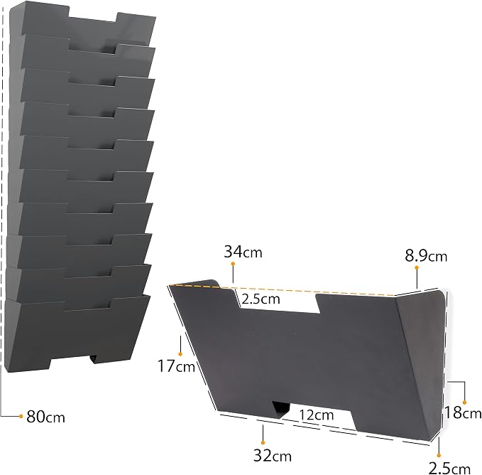 Gray Wall Mount Steel Vertical File Organizer Holder Rack 10 Sectional Modular Design Wider Than Letter Size 13 Inch Multi-Purpose Organize Display Magazines Sort Files and Folders