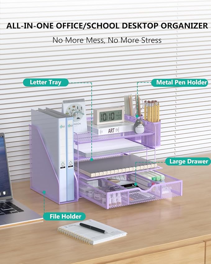 WALI Desk File Organizer, 4 Tier Desktop Paper Letter Tray Organizer with Drawer and 2 Pen Holders, Office Desk Accessories & Workspace Organizers for Office, Home Supplies(DO005DH-V), 1 Pack, Purple