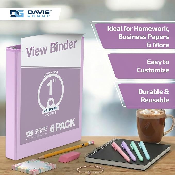 Pack of 6 Premium View Binders, Ring Binders with Clear-View Cover and Interior Pockets, Pastel Color Options, 1 Inch, Lavender