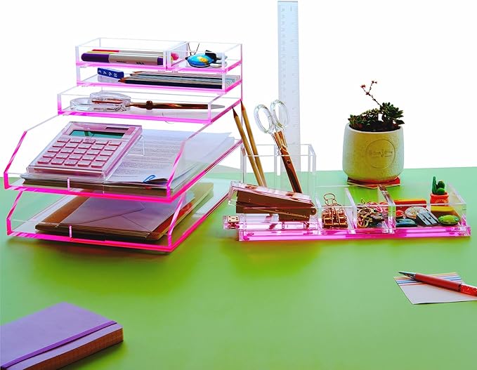 Acrylic Desk Organizer 4-Piece Desk Kit + Free Complimentary Acrylic Ruler, Desktop Organization for Office or Home，Rose Red