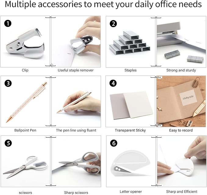 White Office Supplies Set,Desk Accessories Stapler and Tape Dispenser 10PCS | Office Supplies for Women Students， Stapler and Tape Dispenser Set，Sturdy and Durable;Wide Application for Office,Classroom