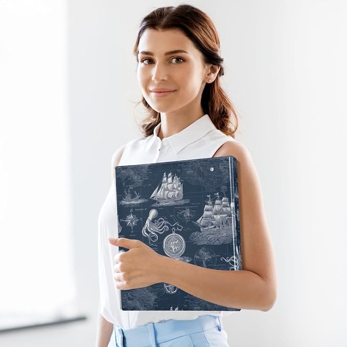 Nautical Ship Rudder Anchor Printed 3-Ring Binder for School Office, 1.5 Inch Round Ring Binder for Home Recipe Budget Aesthetic Binder with Pocket Metal Non-Slip Clip Holds 200 Sheets