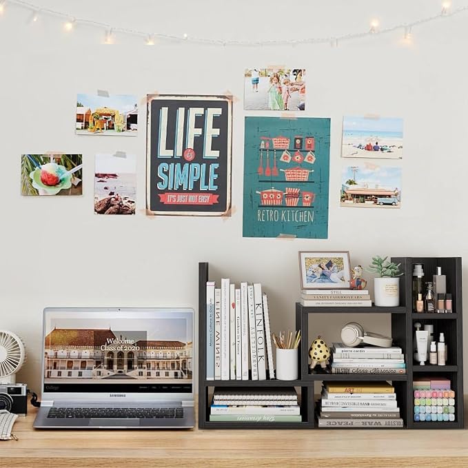 NUTIKAS Desk Shelves Desktop Organizer Shlef - Black Office Organization for Top of Desk Organizers and Accessories Corner Bookshelf Table Top Shelving Small Hutch Decorations for Office
