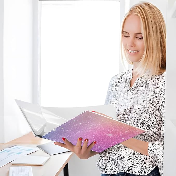 Aslsiy 3 Ring Binder 1.5 Inch Pink Sparkling Particles Round Clipboard Binder Decorative Harcover Binder Organizer for Office Supplies 1 Pack