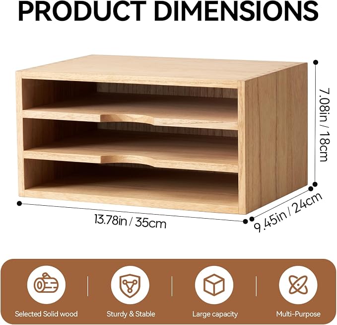 KIRIGEN Wooden Desk Organizer 3-Tier Letter Tray and Paper Sorter, Natural | Solid Wood Paper Tray Document Holder Organizer for Letters, Files, Folders, Mail, Magazines and Office Supplies