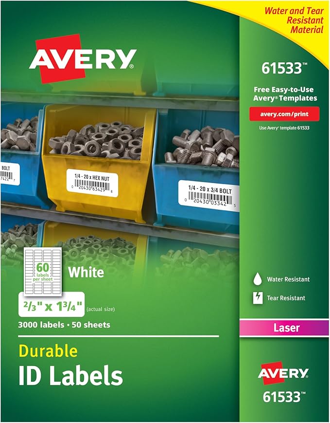 Avery Durable White Cover Up ID Labels for Laser Printers, 0.67 x 1.75, Pack of 3000 (61533)