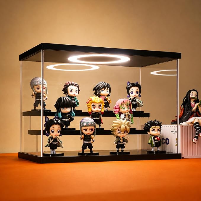 Acrylic Display Case with Adjustable LED Light, 3 Tier Clear Display Box Dustproof Showcase for Action Figures, Collectibles and Mini Toys, Assembly Display Cabinet(Black 12.5×6.7×9in)