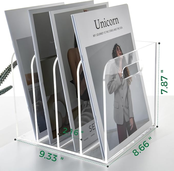 4 Vertical Compartments File Holder, Clear Acrylic Desk Organizer and Storage Bins Holding for Magazines, Binders, Notebooks, Envelopes, Multi-purpose Document Organizer for Home Office