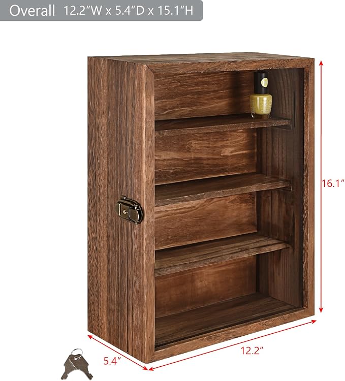 Ikee Design Wood Wall-Mounted Display Case with Glass Top & Lock | Display Shelves Case Shadow Box with lock,Tempered Glass Top Wall Mounted Display Your Valuable and Collection