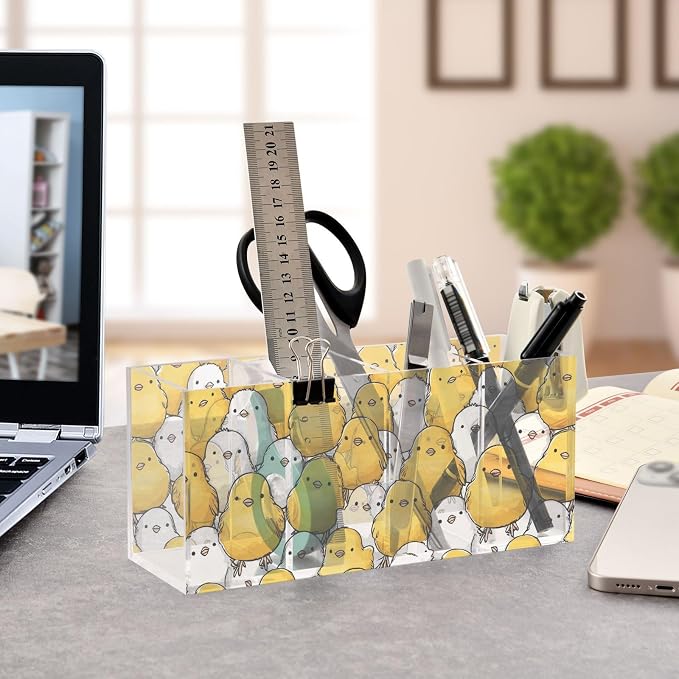Yellow White Chicken Clear Acrylic Cutlery and Pen Organizer, Acrylic Plastic Pencil Holder Square 4 Compartments Large Capacity Acrylic Pencil Holder Desk Pencil Organizer