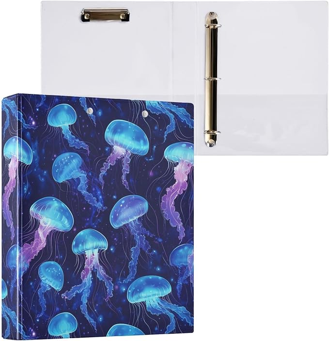 JIPONI 3 Ring Binder Jelly Fishs Blue 1 Inch Round Binders for Men Women Students, Cute File Organizer for Office Home School