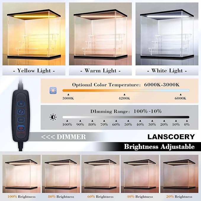 LANSCOERY Acrylic Display Case for Collectibles, 3-Tier LED Light, Black | 3mm clear acrylic panels with front door access and tri-color top light for small figures on a desk or shelf.