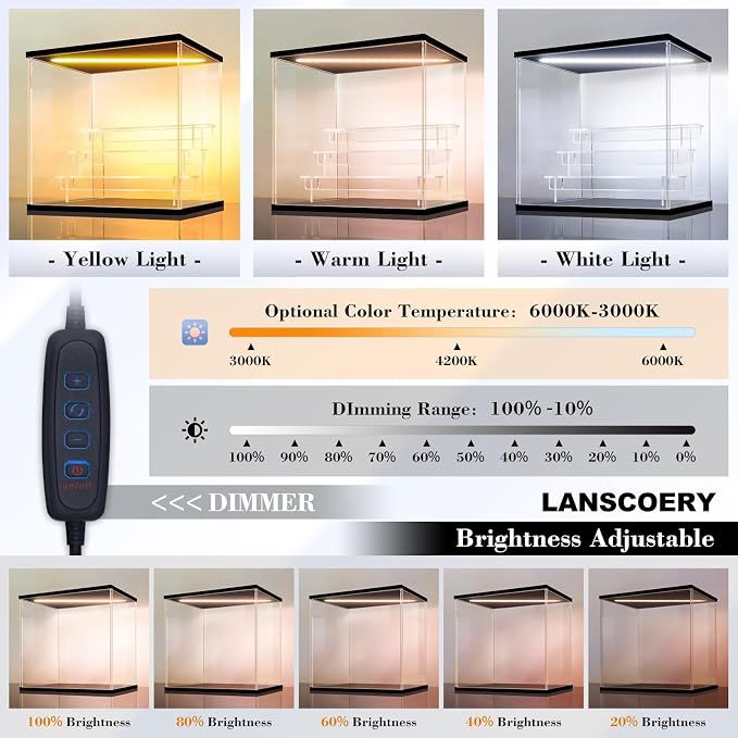 LANSCOERY Acrylic Display Case for Collectibles, 2-Tier LED Light, Black | 3mm clear acrylic panels with front door access and tri-color top light for small figures on a desk or shelf.