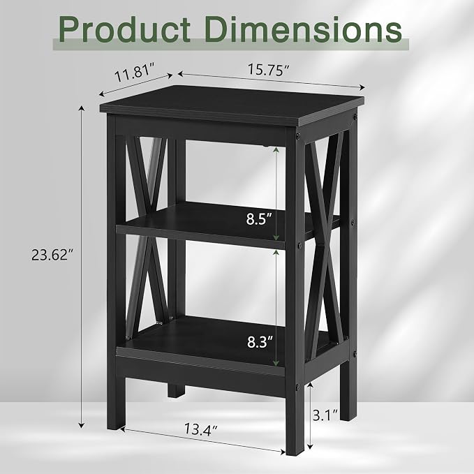 VECELO End Table Set of 2, Bedside Table, 24" Tall Living Room End Tables, X-Design Reinforced Nightstands, Side Table with 3-Tier Storage Shelves for Small Spaces, Office, Bathroom, Bedroom, Black