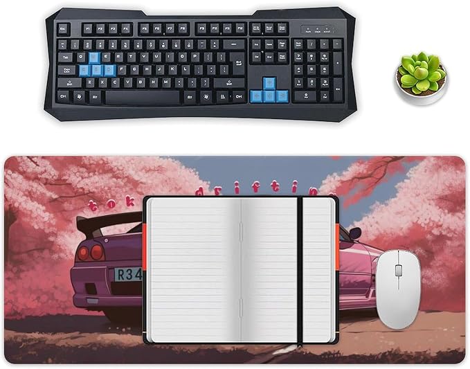 Car Gaming Mouse Pad Large Mousepad Japanese JDM Car R34 Pink Cherry Tree Anime Desk Mat for Keyboard and Mouse Mat Non-Slip Rubber Desk Pad 40x90cm, Style