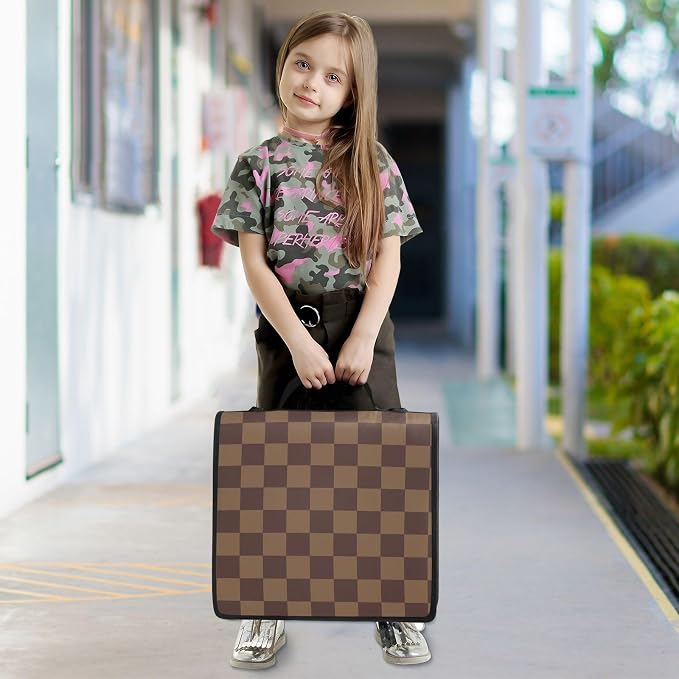 Custom 3 Ring Zipper Binder Brown Checkerboard B Personalized Name 1.5 inch Binders Large Capacity Multi Pockets for School Office Supplies
